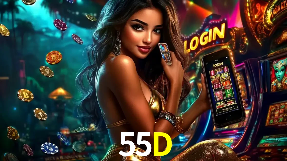 Mulher em um cenário de cassino temático de aventura, mostrando o app de caça-níqueis da 55D no celular. Fichas de apostas flutuam ao redor.