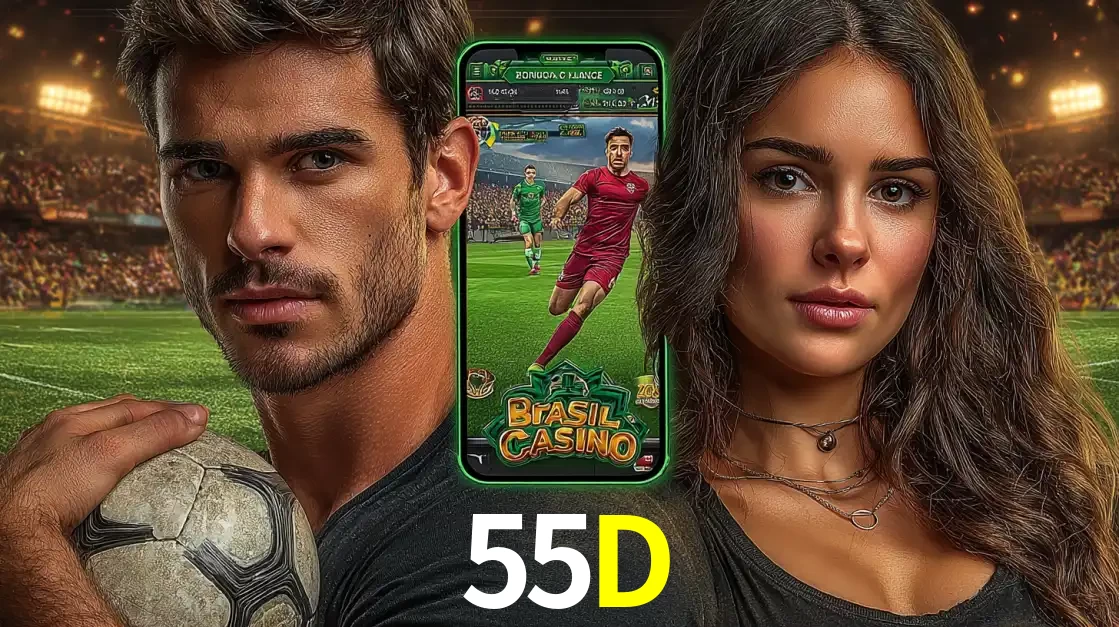Homem segurando uma bola de futebol e uma mulher ao lado de um smartphone exibindo o jogo de apostas esportivas da 55D. Faça seu palpite no cassino online.